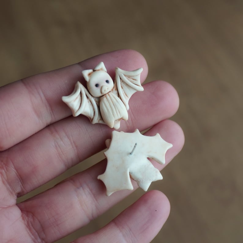 Cute polymer clay albino bat earrings, Polymer clay halloween stud earrings, Cute albino baby bats, Polymer clay jewelry for halloween image 5