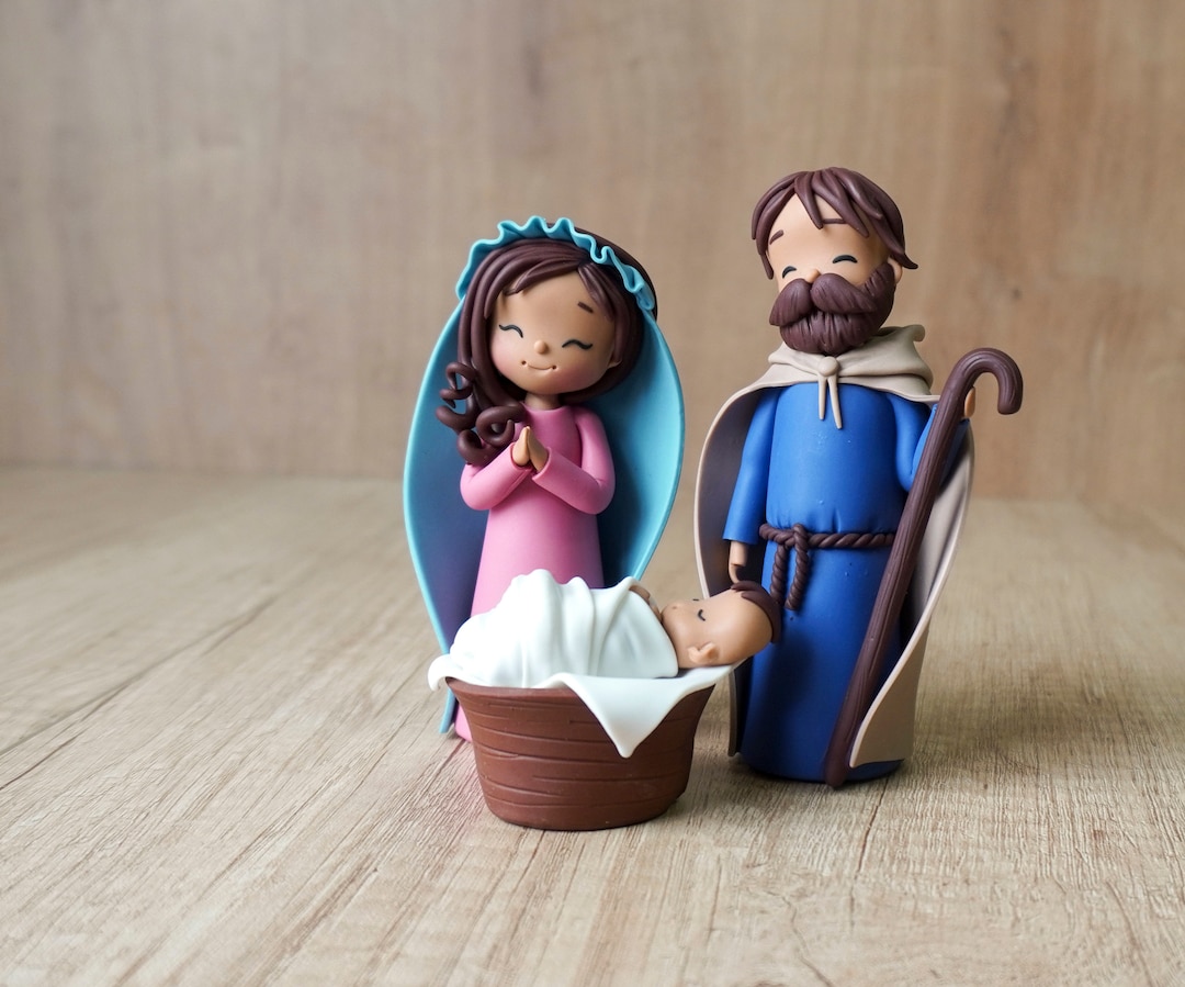 Mary Joseph Baby Jesus Figurines, Polymer Clay Nativity Scene, Baby
