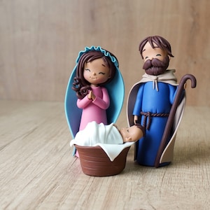 Mary Joseph Baby Jesus figurines, Polymer clay nativity scene, Baby Jesus birth scene, Handmade Christmas decoration