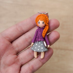 Polymer clay fall fashion doll necklace, Girl with autumn outfit holding a book, Polymer clay jewelry, Polymer clay miniature image 3