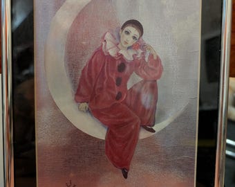 Sad Clown Celestial Harlequin Clowncore Crescent Moon 80's Pierrot by Mira Fujita Whimsigoth Framed wall art RARE Silver
