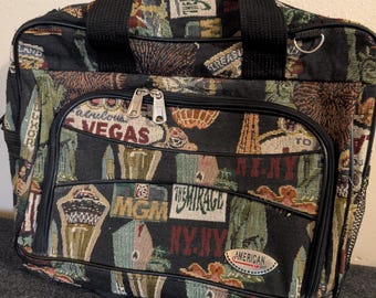 vintage Las Vegas canvas tapestry travel bag woven jacquard iconic Las Vegas landmarks design Weekender Overnight Carry-on shoulder bag