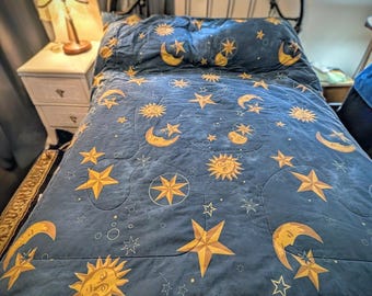 Whimsygoth 90's Celestial Queen/Full Moon, Sun, & Stars navy blue comforter