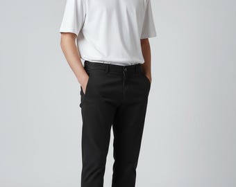 Pantalones negros de algodón elástico de corte ajustado para hombre, entrepierna de 83 cm
