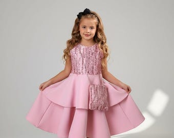 Vestido de fiesta con corpiño de lentejuelas rosas y bolso, para ocasiones especiales de niña pequeña.
