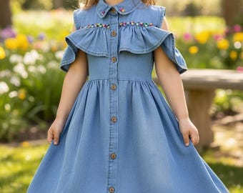 Vestido vaquero para niña: mangas con volantes y botones al frente