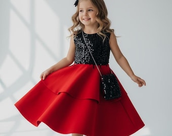 Vestido de fiesta con lentejuelas rojas para niñas, conjunto de capas para niñas pequeñas con bolso