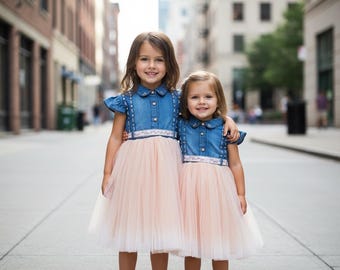 Vestido de tul vaquero a juego para hermana, vestido de cumpleaños para niña pequeña, vestido de fiesta princesa con mangas con volantes, vestido de niña de las flores, vestido de tutú vaquero para niña