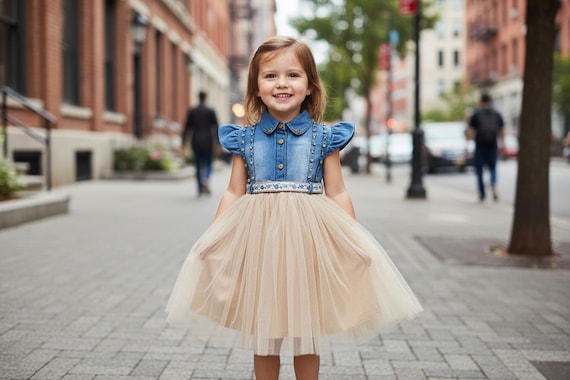 Toddler Denim Tulle Dress, Princess Party Dress, Ruffle Sleeve Flower Girl Outfit Toddler Denim Tulle Dress, Princess Party Dress, Ruffle Sleeve Flower Girl Outfit