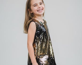 Vestido de fiesta con lentejuelas doradas para niñas, vestido negro con brillo dorado, vestido festivo para niñas pequeñas, vestido navideño para niñas, atuendo para fiesta de cumpleaños, vestido de Año Nuevo