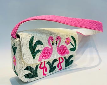 Perlen Flamingo Umhängetasche, Citrus Perlen Tasche, Tropischer Sommer Geldbörse, Handgemachte Zitrone Tasche, Handwerker Perlen Clutch, Luxus Zitronen Design Tasche