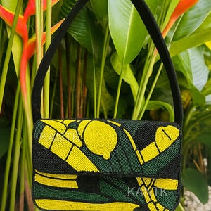 Beaded Lemon Shoulder Bag, Citrus Beaded Bag, Tropical Summer Purse, Handmade Lemon Bag, Artisan Beaded Clutch, Luxury Lemon Design Bag