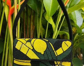 Zitronen Schultertasche, Zitrus Perlen Tasche, Tropischer Sommer Geldbeutel, Handgemachte Zitronen Tasche, Handwerker Perlen Clutch, Luxus Zitronen Design Tasche