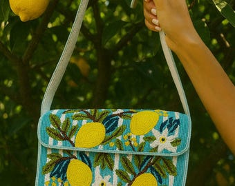 Beaded Lemon Shoulder Bag, Lemon Design Purse, Citrus Beaded Bag