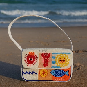 Beaded Beach Shoulder Bag, Citrus Beaded Bag, Tropical Summer Purse, Handmade Lemon Bag, Artisan Beaded Clutch, Luxury Summer Design Bag