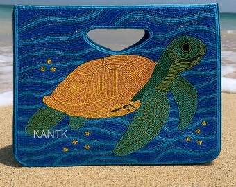 Ocean Wave and Turtle Beaded Bag, Handmade Coastal Clutch Purse for Women, Beach Vacation & Summer Party Evening Handbag