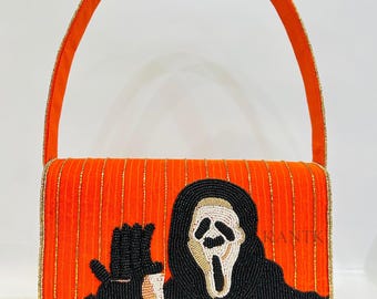 Orange & Schwarz Perlen Geistergesicht Horror Schultertasche, Hokus Pokus Perlen Geldbörse, Halloween Geist Perlentasche