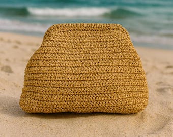Raffia Crochet Natural Clutch Bag, Woven Straw Summer Handbag, Knitted Raffia Pouch, Evening Bag