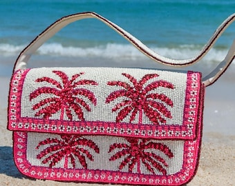 Handcrafted Beaded Palm Tree Shoulder Bag Tropical Beach Vacation Purse
