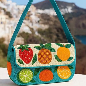 Beaded Multifruit Shoulder Bag, Citrus Beaded Bag, Tropical Summer Purse, Handmade Lemon Bag, Artisan Beaded Clutch, Luxury Lemon Design Bag