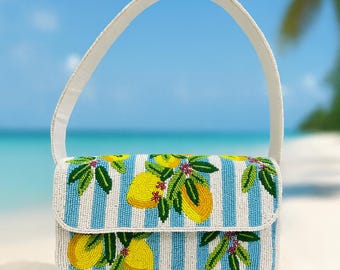 Handmade Beaded Shoulder Bag Floral Embroidery Handcrafted Beaded Lemon Shoulder Bag Tropical Summer Purse,