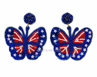 Patriotic Butterfly 4th of July Seed Beaded Drop Earrings for Women Handcrafted Red White & Blue American Flag Inspired Dangle Earrings
