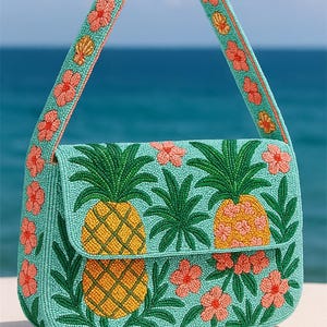 Bolso de hombro con cuentas de limón, bolso con cuentas de cítricos, bolso tropical de verano, bolso de limón hecho a mano, clutch artesanal con cuentas, bolso de lujo con diseño de limón