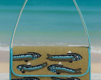 Handmade Beaded Fish Shoulder Bag Colorful Handcrafted Beadwork Purse Boho Ocean-Themed Shoulder Bag