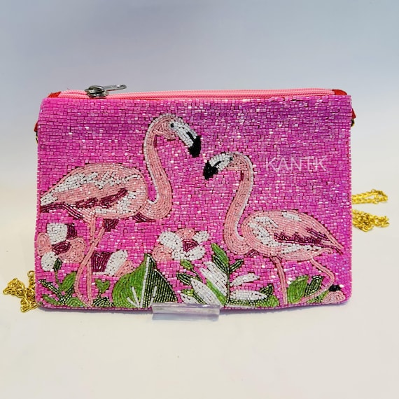 Beaded Flamingo Bag, Pink Flamingo Beaded Purse Tropical Summer Clutch with 46" Detachable Chain, Beach & Vacation Handbag