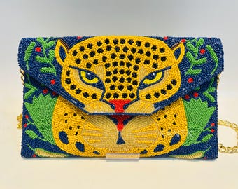 Beaded Leopard Clutch Bag, Handmade Animal Print Purse, Evening Party Bag