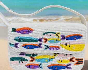 Handcrafted Beaded White Shoulder Bag Featuring Vibrant Colorful Fish Pattern