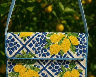 Beaded Lemon Shoulder Bag, Beaded Vegetables Shoulder Bag, Tropical Summer Purse, Handmade Lemon Bag, Luxury Lemon Design Bag