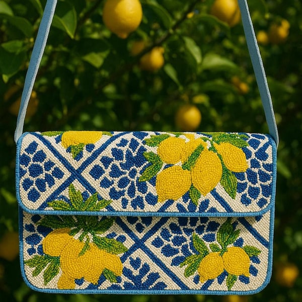 Beaded Lemon Shoulder Bag, Beaded Vegetables Shoulder Bag, Tropical Summer Purse, Handmade Lemon Bag, Luxury Lemon Design Bag