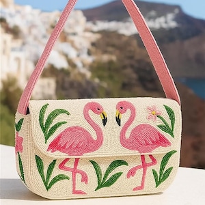 Beaded Flamingo Shoulder Bag, Citrus Beaded Bag, Tropical Summer Purse, Handmade Lemon Bag, Artisan Beaded Clutch, Luxury Lemon Design Bag