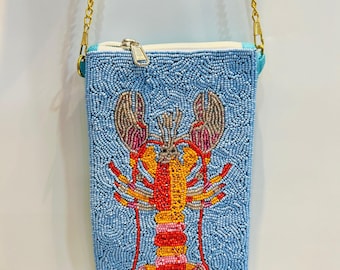 Beaded Lobster Crossbody Bag, Summer Beaded Mobile Pouch, Handmade Beaded Seafood Clutch, Coastal Vacation Bag, Nautical Gift for Her