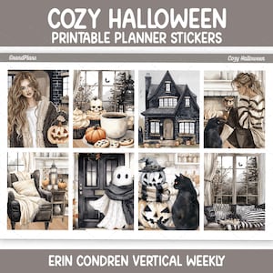 Könnte beinhalten: Druckbare Planer-Aufkleber mit einem gemütlichen Halloween-Thema. Das Design zeigt Aquarellillustrationen einer Frau, einer schwarzen Katze, eines Spukhauses, Kürbissen und einem Geist. Der Text "COZY HALLOWEEN PRINTABLE PLANNER STICKERS" steht oben.