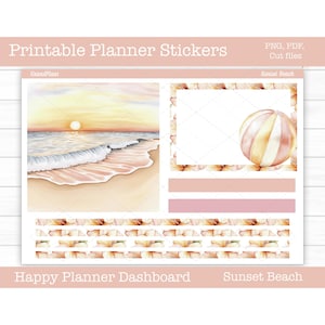 Adesivi stampabili per planner, kit di adesivi settimanali Sunset Beach, layout dashboard Happy Planner, adesivi per dashboard, file di taglio, Cricut PNG