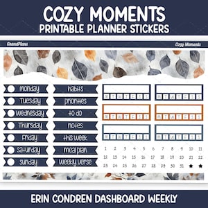 Op de afbeelding: Printbare plannerstickers met een gezellig thema. Het ontwerp bevat bladeraccenten in tinten grijs, bruin en oranje. De stickers bevatten labels voor dagen van de week, gewoonten en notities, samen met een kalender.