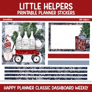 May include: A printable planner sticker sheet with a Christmas theme. The design features gnomes, bottles with the words "Making Spirits Bright", and the text "Gnome Sweet Gnome". The color palette includes red, blue, and white.