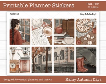 Printable Vertical Weekly Planner Sticker Kit - Rainy Autumn Days, Planner Stickers, Fashion Girl, Fall, Cut Files, Cricut, PNG