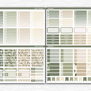 May include: A set of planner stickers featuring various rectangular labels, checklists with heart icons, and flag-shaped markers in shades of sage green, beige, and cream. The sheets include glitter-textured strips and text labels like Today, Meals, and Work.