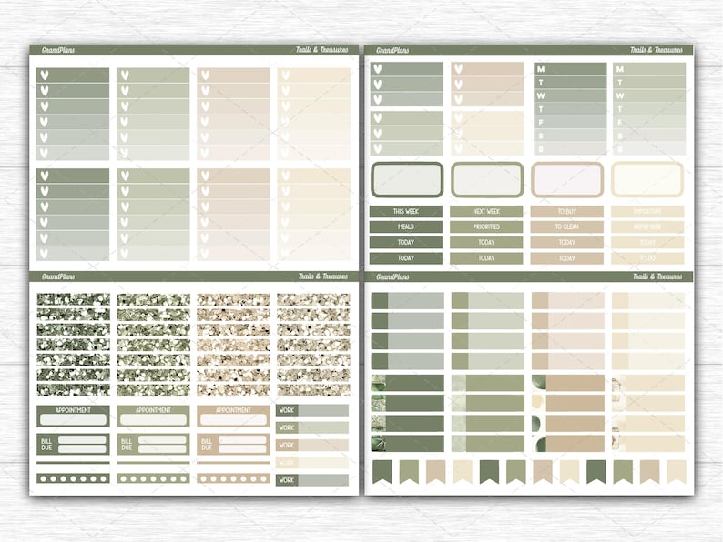 May include: A set of planner stickers featuring various rectangular labels, checklists with heart icons, and flag-shaped markers in shades of sage green, beige, and cream. The sheets include glitter-textured strips and text labels like Today, Meals, and Work.