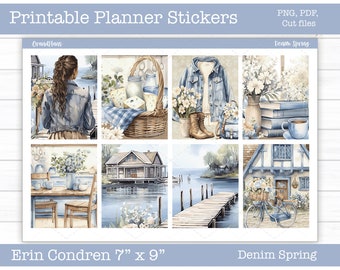 Printable Planner Stickers, Denim Spring Weekly Sticker Kit, Erin Condren Stickers, Vertical Planner, Cut Files, Cricut PNG