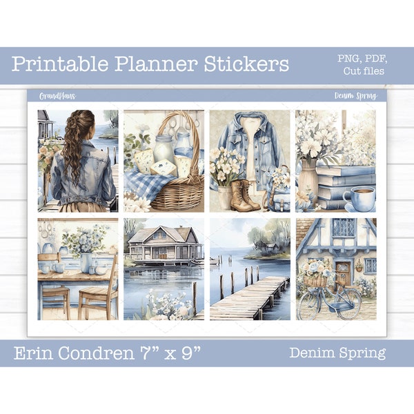 Stickers agenda imprimable printemps, kit d'autocollants hebdomadaires denim printemps, Stickers Erin Condren, agenda vertical, couper des fichiers, PNG Cricut