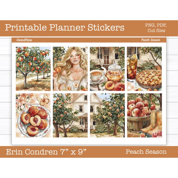 Summer Printable Planner Stickers, Weekly Sticker Kit, Peach Season, Erin Condren Stickers, Vertical Stickers, Cut Files, Cricut PNG