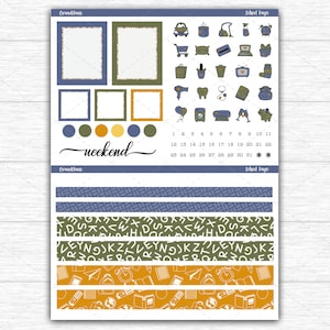 May include: A planner sticker sheet with a white background. The sheet features various decorative elements, including frames, circles, and patterned strips. The text "weekend" is written in a script font. There are also small illustrations of school-related items.