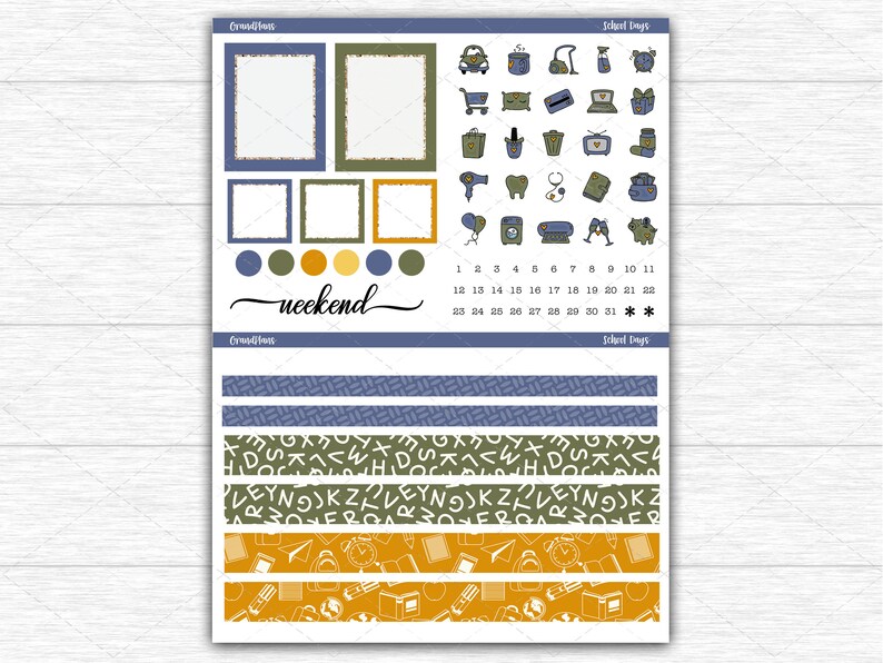 May include: A planner sticker sheet with a white background. The sheet features various decorative elements, including frames, circles, and patterned strips. The text "weekend" is written in a script font. There are also small illustrations of school-related items.