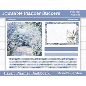 Adesivi stampabili per planner, kit di adesivi settimanali &quot;Il giardino di Monet&quot;, layout del dashboard di Happy Planner, adesivi per dashboard, file di taglio, PNG Cricut