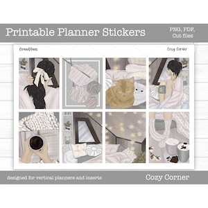 Printable Planner Stickers, Cozy Corner Weekly Sticker Kit, Erin Condren, Vertical Stickers, Cut Files, Cricut PNG