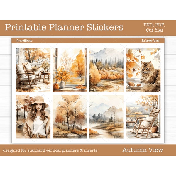 Fall Printable Planner Stickers, Autumn View Weekly Sticker Kit, Erin Condren Stickers, Vertical Planner Stickers, Cut Files, Cricut PNG